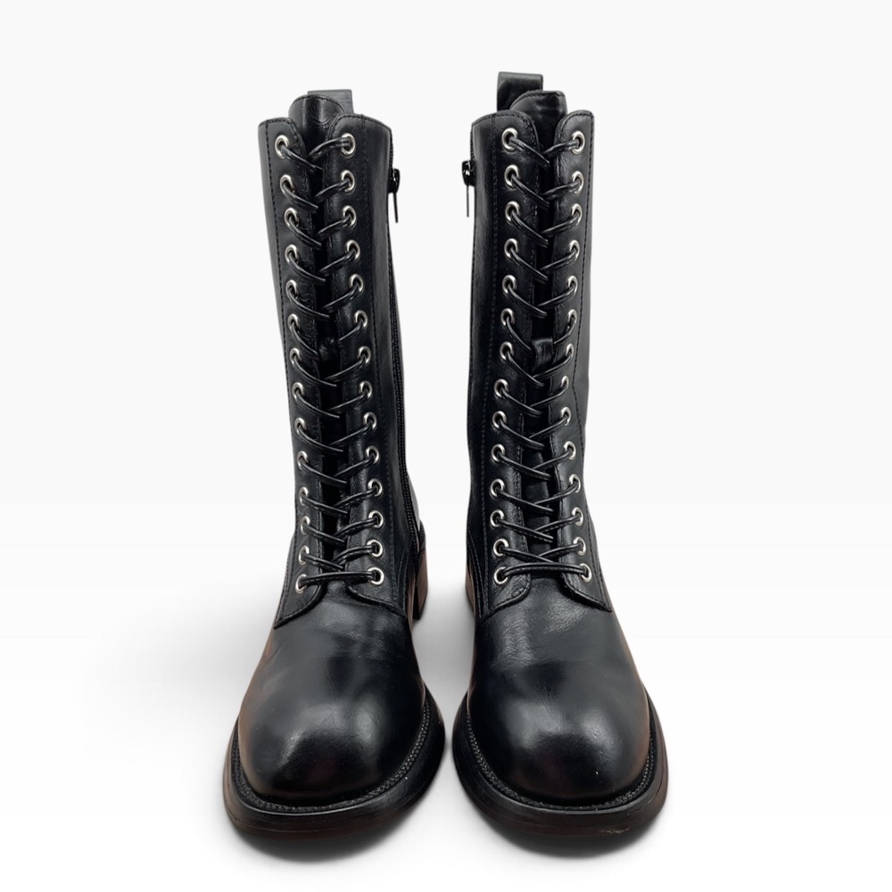 Jeffrey Campbell Womens Black Leather Tall Lace Up Combat Boots Side Zip Mid